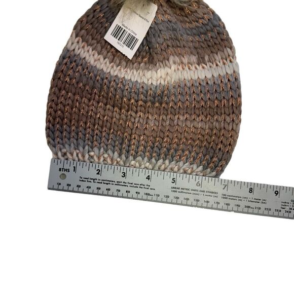 NWT Copper Metallic Striped With Faux Fur Pom Pom Beanie - Picture 8 of 8